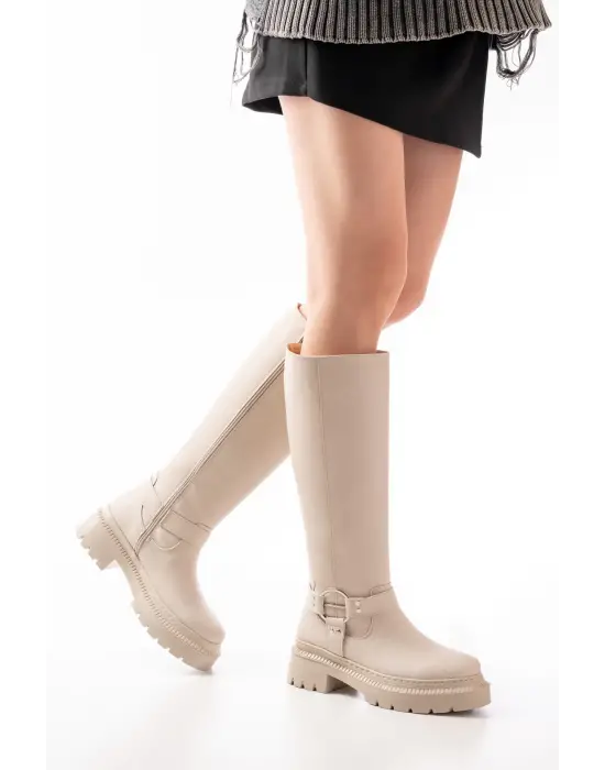 Bej Fermuarlı Günlük Kadın Çizme
