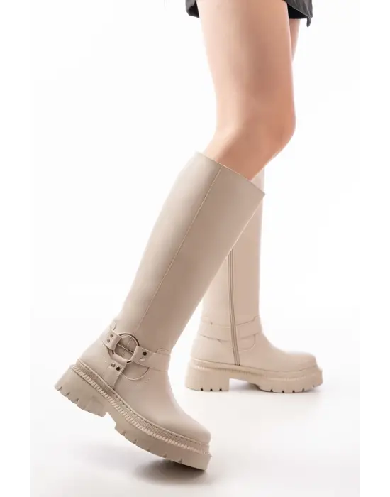 236-3021 Bej Fermuarlı Günlük Kadın Çizme