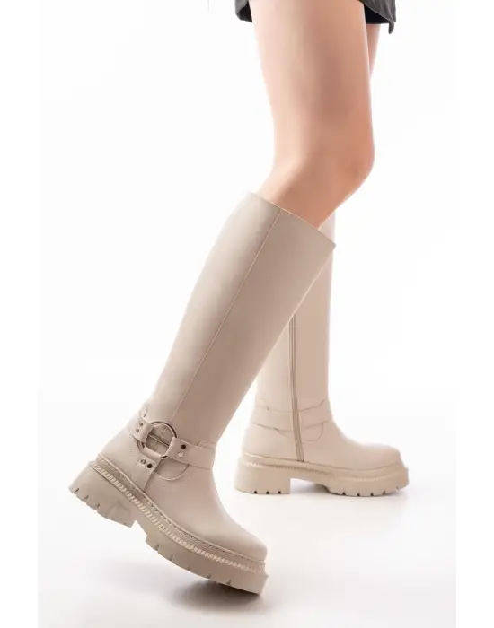 Bej Fermuarlı Günlük Kadın Çizme