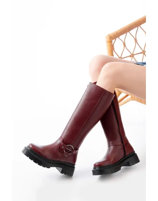 236-3021 Bordo Fermuarlı Günlük Kadın Çizme