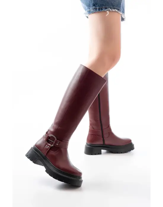 Bordo Fermuarlı Günlük Kadın Çizme