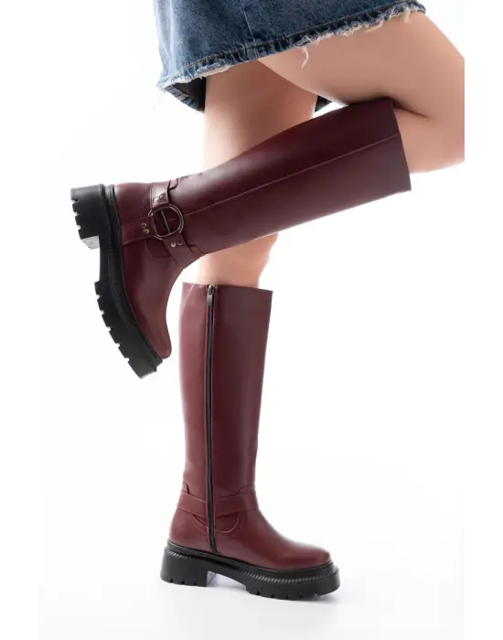 236-3021 Bordo Fermuarlı Günlük Kadın Çizme