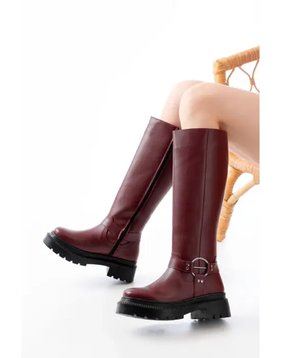 Bordo Fermuarlı Günlük Kadın Çizme