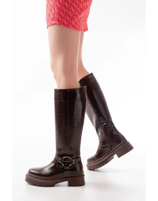 Kahverengi Kroko Fermuarlı Günlük Kadın Çizme