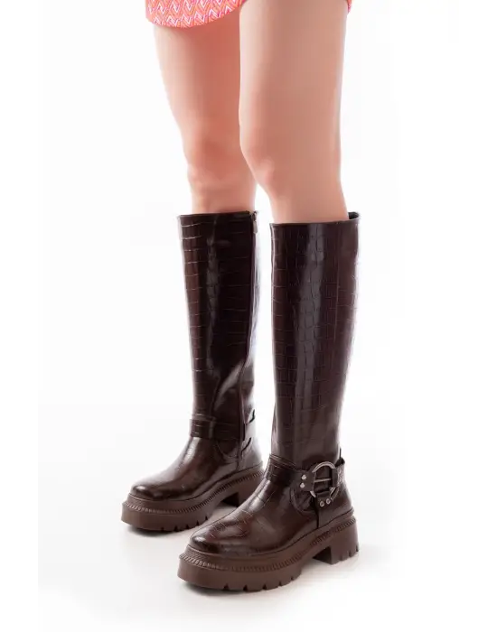 Kahverengi Kroko Fermuarlı Günlük Kadın Çizme