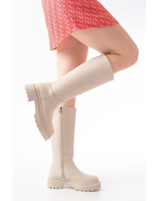 Bej Fermuarlı Günlük Kadın Çizme