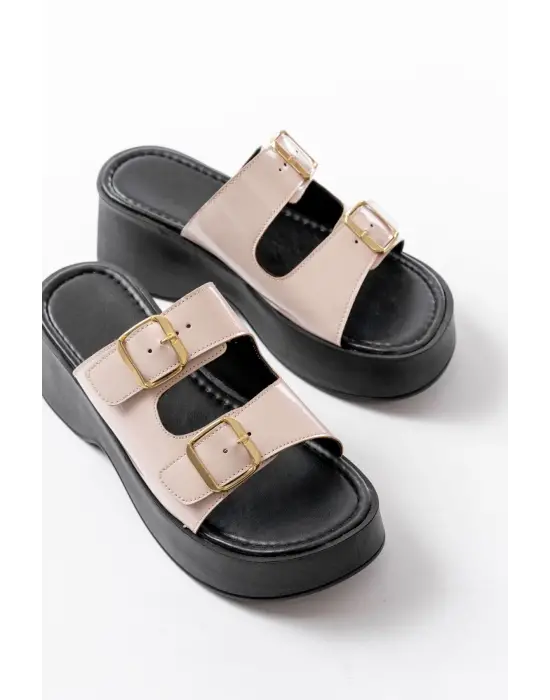 24414-574 Bej Rugan Tokalı Dolgu Topuk Kadın Terlik