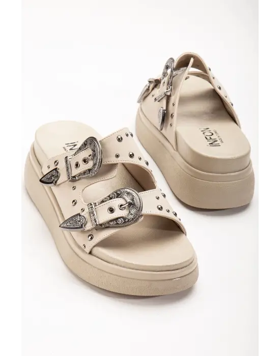 Bej Dolgu Topuk Kadın Sandalet