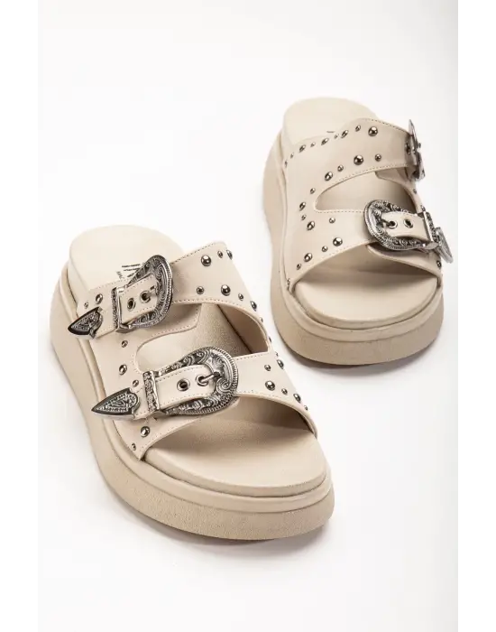 Bej Dolgu Topuk Kadın Sandalet