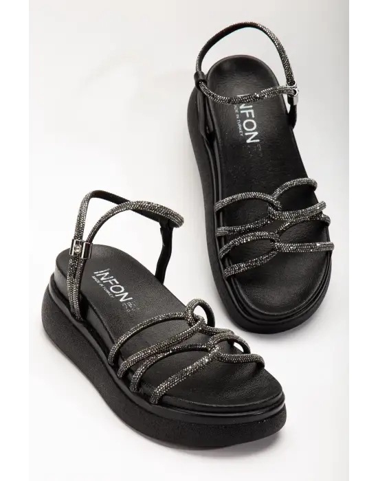 Siyah Dolgu Topuk Kadın Sandalet