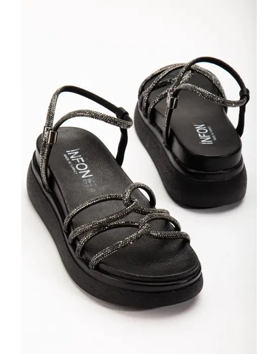 Siyah Dolgu Topuk Kadın Sandalet