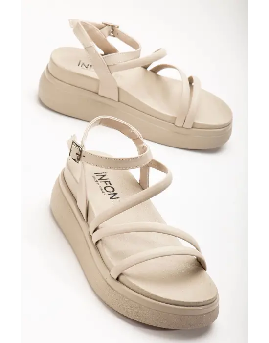 Bej Dolgu Topuk Kadın Sandalet