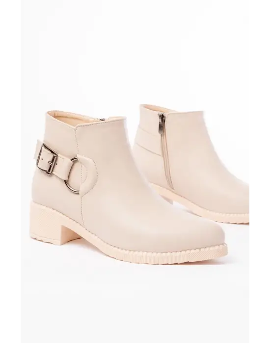 Bej Toka Aksesuarlı Fermuarlı Günlük Kadın Bot