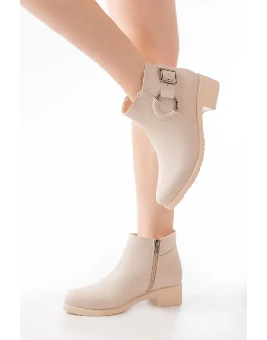 Bej Toka Aksesuarlı Fermuarlı Günlük Kadın Bot