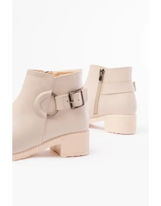 Bej Toka Aksesuarlı Fermuarlı Günlük Kadın Bot