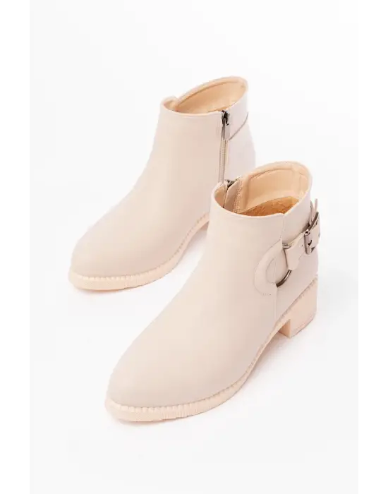 Bej Toka Aksesuarlı Fermuarlı Günlük Kadın Bot