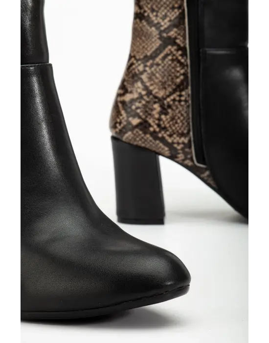 292 Siyah Leopar Desen Detaylı Fermuarlı  Yüksek Topuklu Günlük Kadın Bot