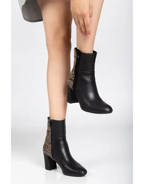 292 Siyah Yılan Desen Detaylı Fermuarlı  Yüksek Topuklu Günlük Kadın Bot