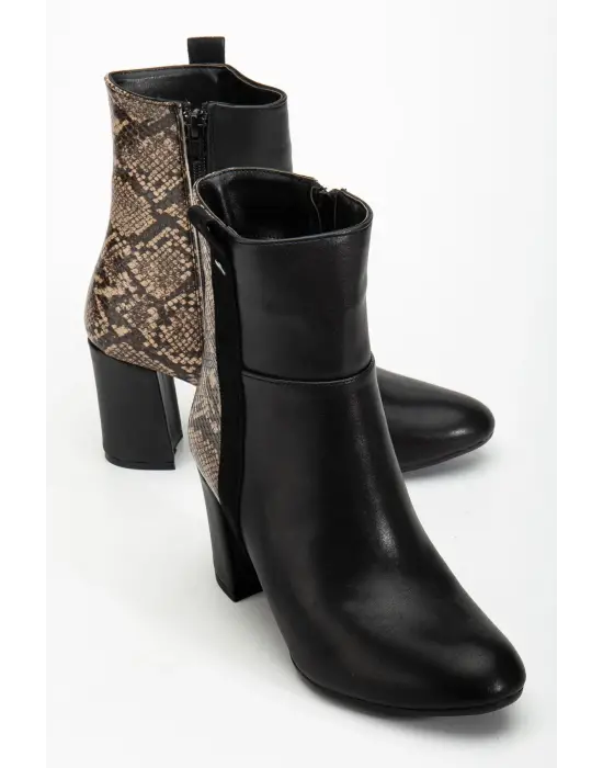 292 Siyah Yılan Desen Detaylı Fermuarlı  Yüksek Topuklu Günlük Kadın Bot