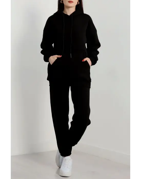 3 İplik İçi Şardonlu Eşofman Takımı Siyah