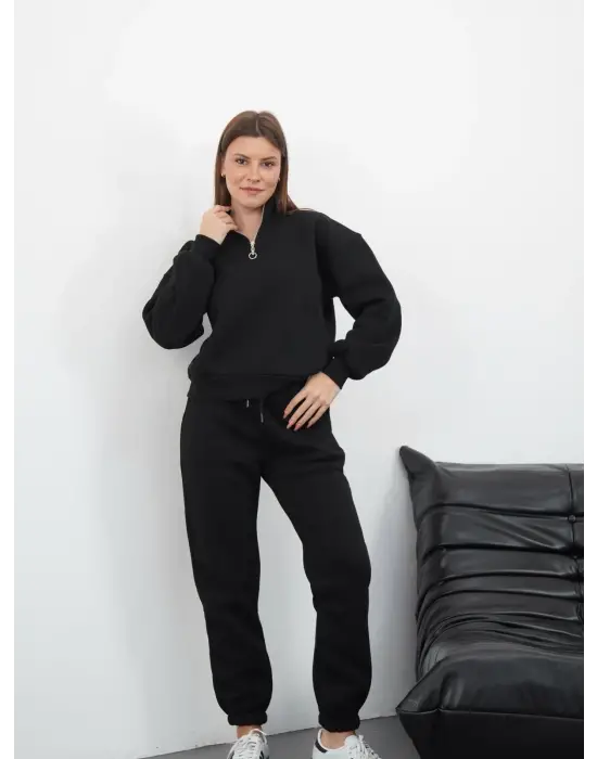 3 İplik İçi Şardonlu Yarım Fermuarlı Alt Üst Takım Siyah