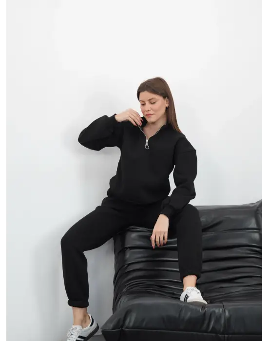 3 İplik İçi Şardonlu Yarım Fermuarlı Alt Üst Takım Siyah