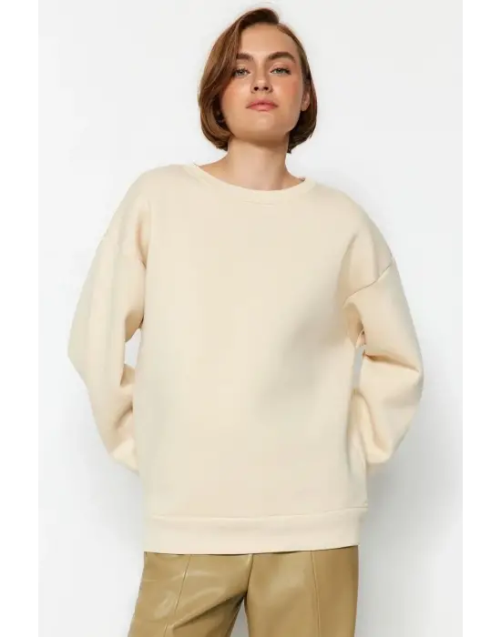 3 İplik Şardonlu Bisiklet Yaka Sweatshirt Bej