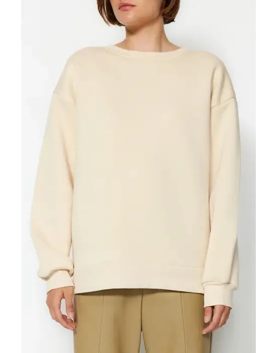 3 İplik Şardonlu Bisiklet Yaka Sweatshirt Bej