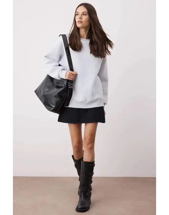 3 İplik Şardonlu Bisiklet Yaka Sweatshirt Gri