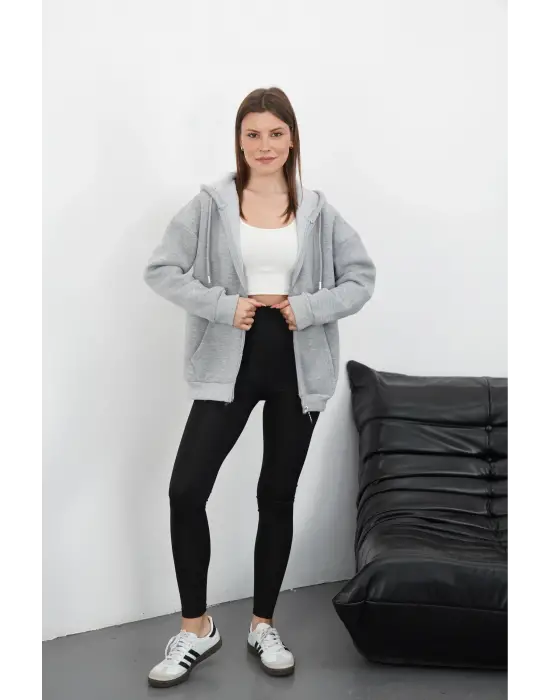 3 İplik Şardonlu Fermuarlı Kapşonlu Hırka Gri