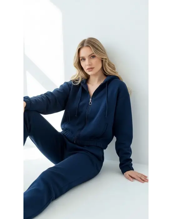 3 İplik Şardonlu Kapşonlu Fermuarlı Kısa Üst Lacivert Pat8590