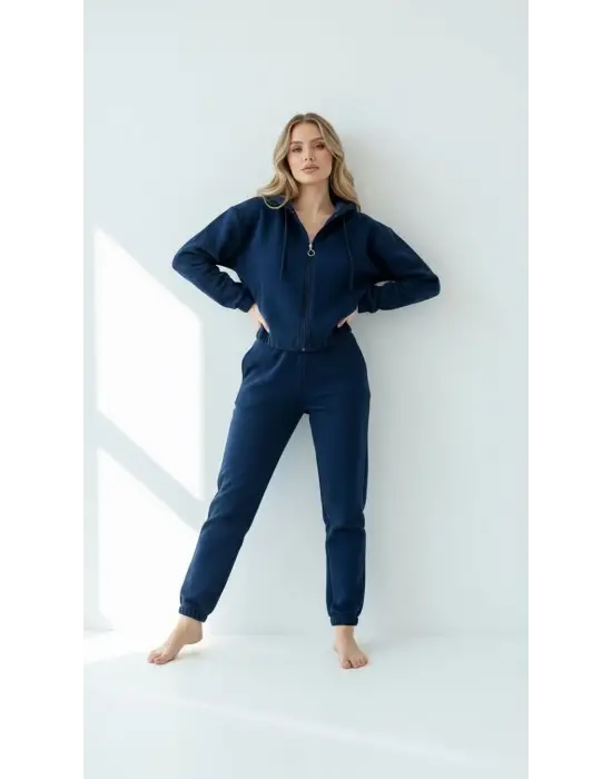 3 İplik Şardonlu Kapşonlu Fermuarlı Kısa Üst Lacivert Pat8590