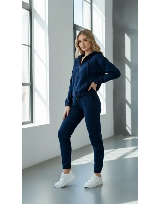 3 İplik Şardonlu Kapşonlu Fermuarlı Kısa Üst Lacivert Pat8590