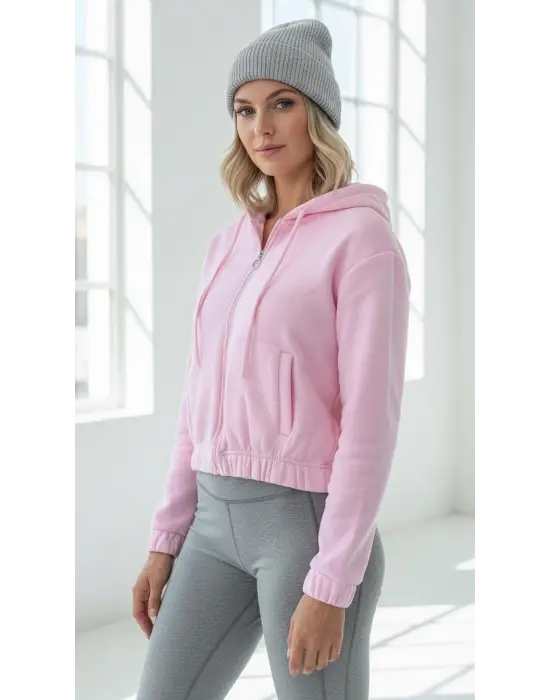 3 İplik Şardonlu Kapşonlu Fermuarlı Kısa Üst Pembe Pat8590