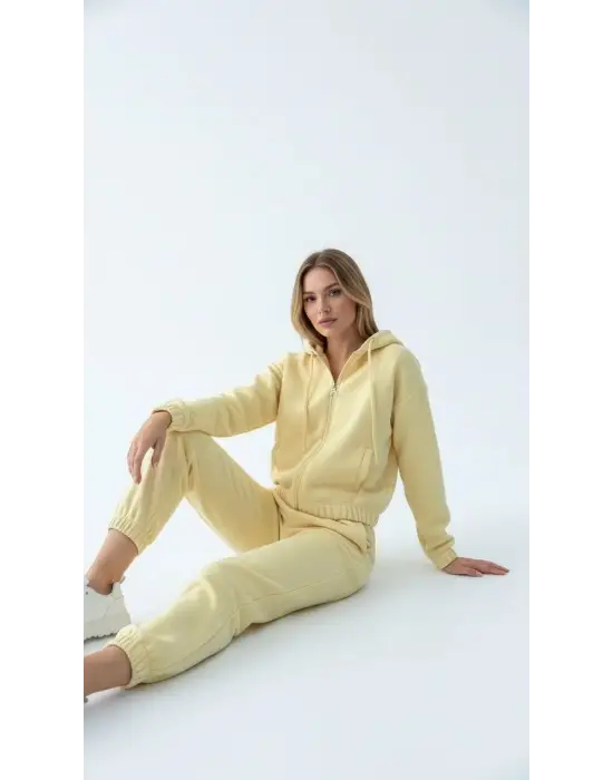 3 İplik Şardonlu Kapşonlu Fermuarlı Kısa Üst Sarı Pat8590