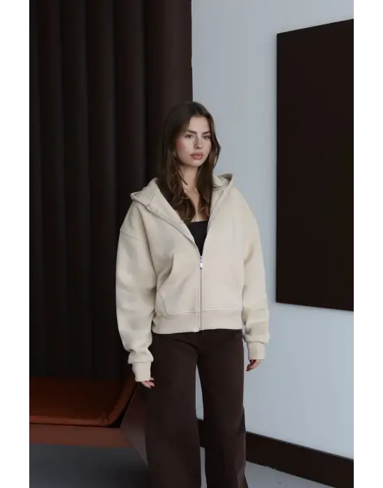 3 İplik Şardonlu Kapşonlu Hoodie Frm Bej P510437