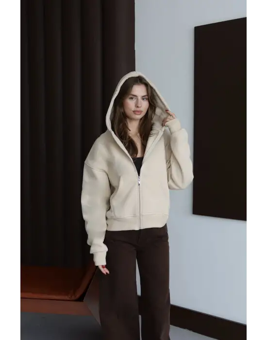 3 İplik Şardonlu Kapşonlu Hoodie Frm Bej P510437