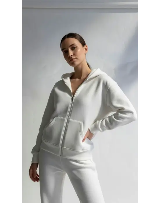 3 İplik Şardonlu Kapşonlu Hoodie Frm Beyaz P510437