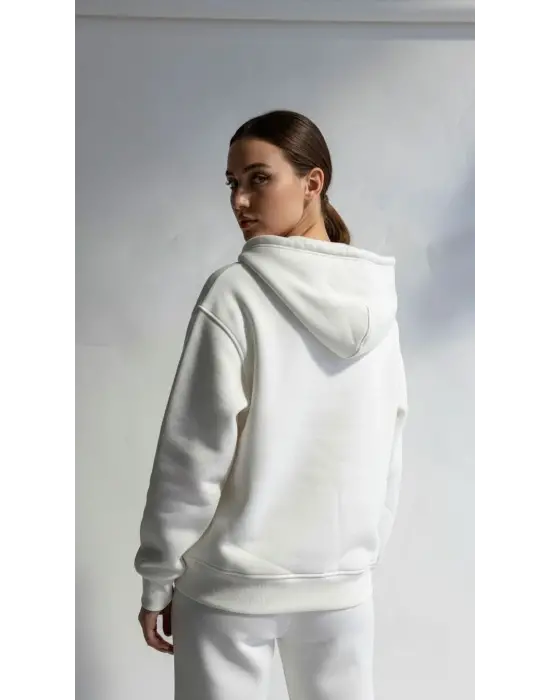3 İplik Şardonlu Kapşonlu Hoodie Frm Beyaz P510437
