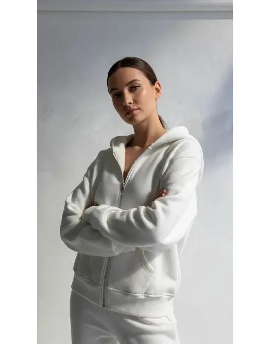 3 İplik Şardonlu Kapşonlu Hoodie Frm Beyaz P510437