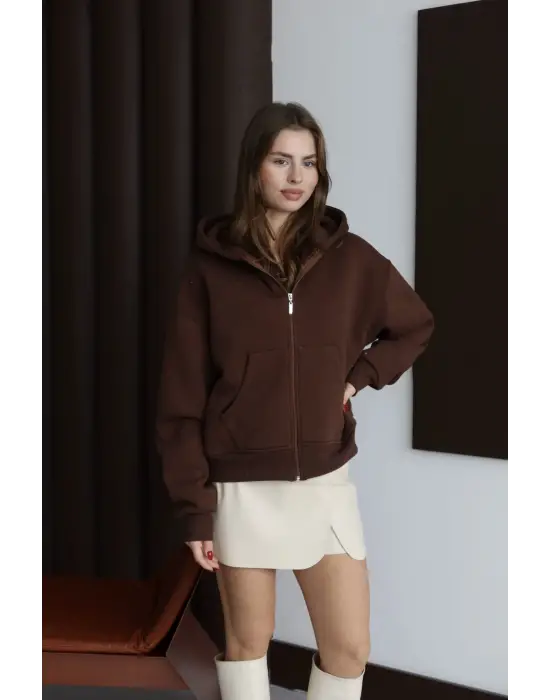 3 İplik Şardonlu Kapşonlu Hoodie Frm Kahve P510437