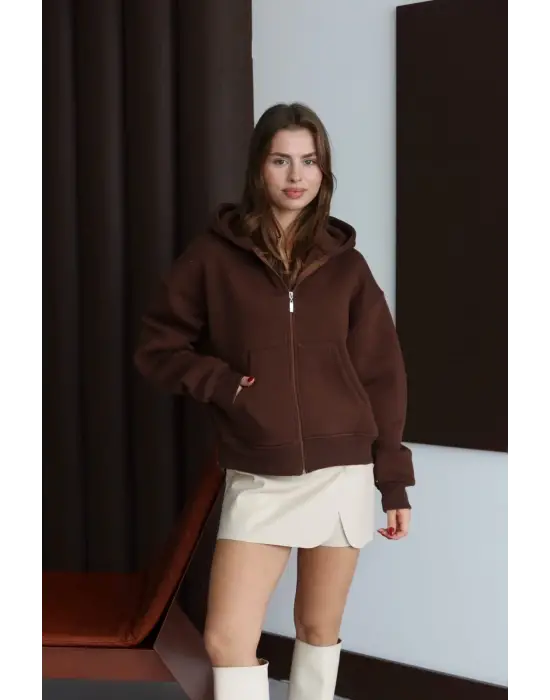 3 İplik Şardonlu Kapşonlu Hoodie Frm Kahve P510437