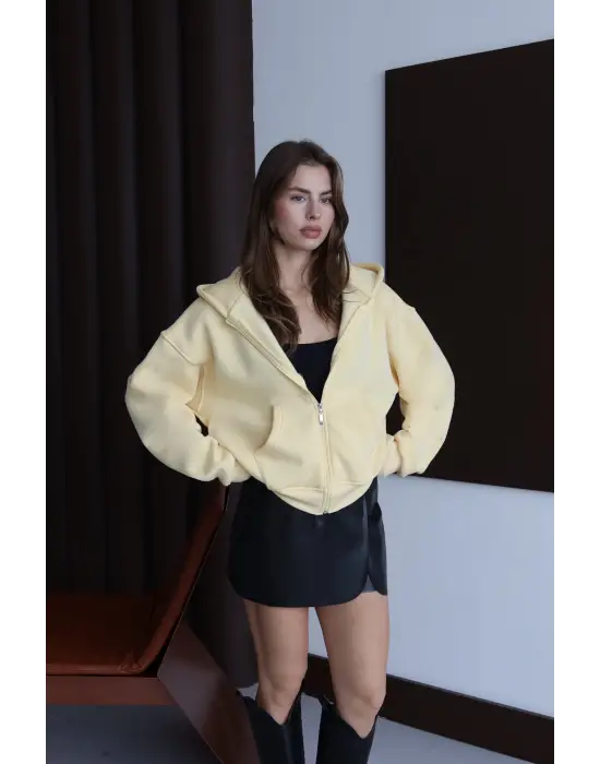 3 İplik Şardonlu Kapşonlu Hoodie Frm Sarı P510437