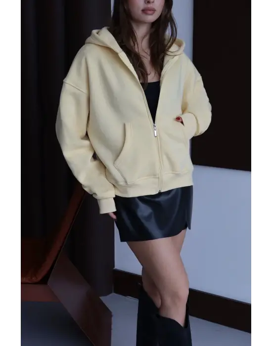 3 İplik Şardonlu Kapşonlu Hoodie Frm Sarı P510437