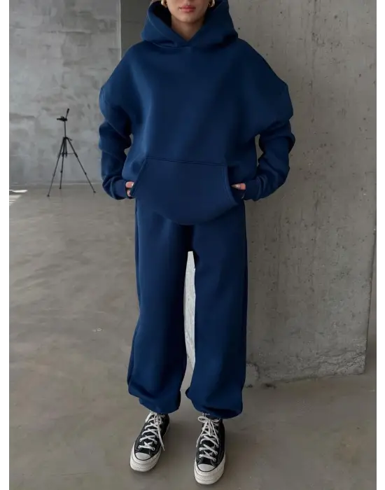 3 İplik Şardonlu Kapşonlu Sweatshirt Lacivert P510436