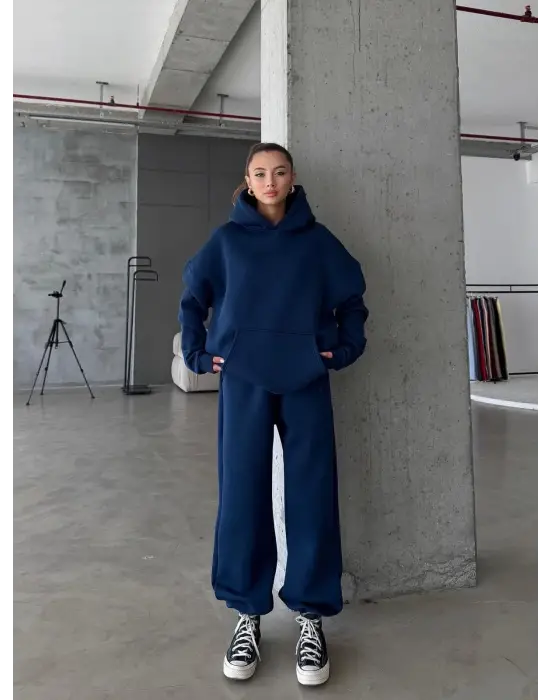 3 İplik Şardonlu Kapşonlu Sweatshirt Lacivert P510436