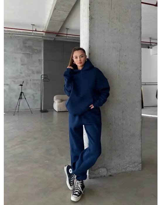 3 İplik Şardonlu Kapşonlu Sweatshirt Lacivert P510436