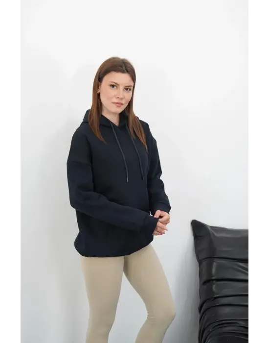 3 İplik Şardonlu Kapşonlu Swetshirt Lacivert Md63