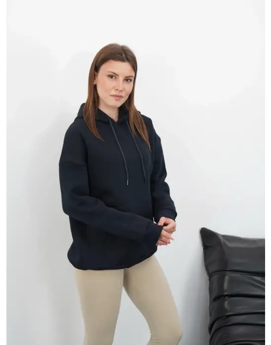 3 İplik Şardonlu Kapşonlu Swetshirt Lacivert Md63