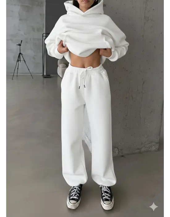 3 İplik Şardonlu Lastik Paça Eşofman Beyaz P510439